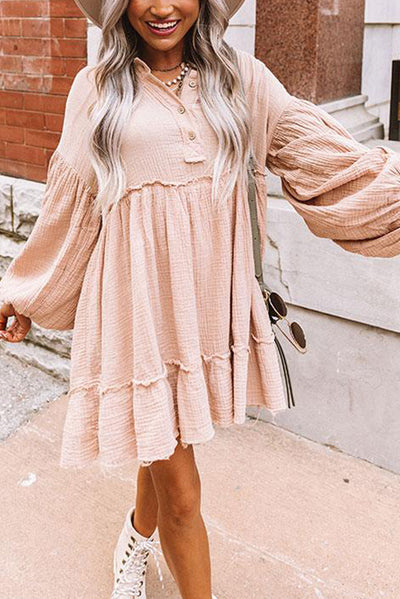 Oatmeal Crinkle Distressed Puff Sleeve Flared Dress-Dresses-MomFashion