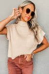 Oatmeal Patch Pocket Ribbed Knit Short Sleeve Sweater-Tops-MomFashion