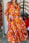 Orange Abstract Print Pleated Half Sleeve Buttoned Maxi Dress-Dresses-MomFashion