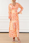 Orange Boho Floral Wrap V Neck Tie Long Sleeve Dress-Dresses-MomFashion