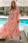 Orange Boho Holiday Paisley Print Tiered Long Sleeve Maxi Dress-Dresses-MomFashion