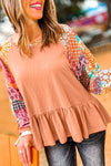 Orange Boho Paisley Mix Print Raglan Sleeve Ruffled Blouse-Tops-MomFashion