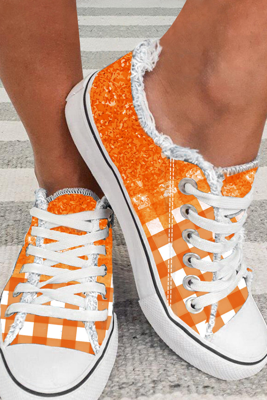 Orange Checkered Flat Canvas Shoes-Shoes & Bags-MomFashion