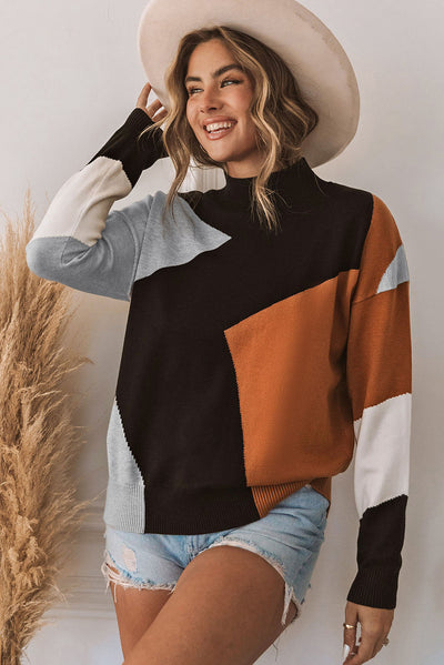 Orange Color Block Mock Neck Drop Shoulder Knit Sweater-Tops-MomFashion