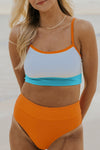 Orange Color Block Spaghetti Strap High Waist Bikini Swimsuit-Swimwear-MomFashion