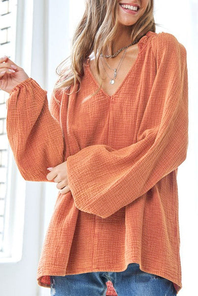 Orange Crinkle Textured Frill Split Neck Puff Sleeve Blouse-Tops-MomFashion