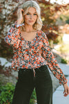 Orange Floral Flounce Sleeve Front Tie Sweetheart Neck Blouse-Tops-MomFashion