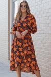 Orange Floral Print Faux Wrap Belted Dress-Dresses-MomFashion