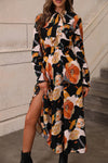 Orange Floral Print Tie Neck Long Sleeve Dress-Dresses-MomFashion