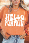 Orange HELLO PUMPKIN Letter Graphic Corded Sweatshirt-Graphic-MomFashion