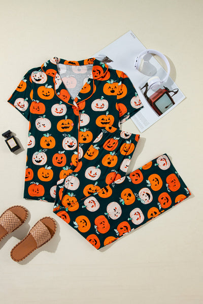 Orange Halloween Pattern Short Sleeve Shirt Pajama Set-Loungewear & Sleepwear/Sleepwear-MomFashion