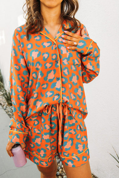 Orange Leopard Print Long Sleeve Shirt and Shorts Pajama Set-Loungewear & Sleepwear/Sleepwear-MomFashion