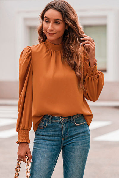 Orange Long Bubble Sleeve Mock Neck Chiffon Blouse-Tops-MomFashion