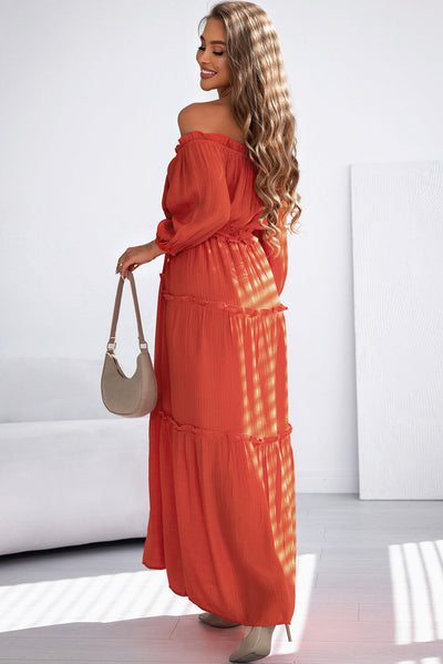 Orange Off Shoulder Balloon Sleeve Cutout Ruffled Maxi Dress-Dresses-MomFashion