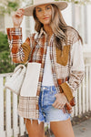 Orange Plaid Color Block Patchwork Shirt Jacket with Pocket-Outerwear-MomFashion