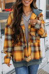 Orange Plaid Patch Hooded Frayed Snap Button Jacket-Outerwear-MomFashion