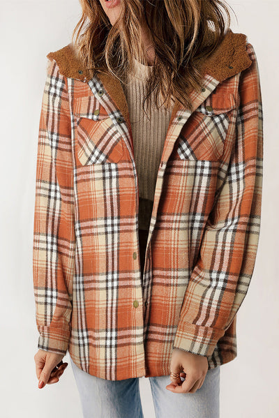 Orange Plaid Pattern Sherpa Lined Hooded Shacket-Outerwear-MomFashion