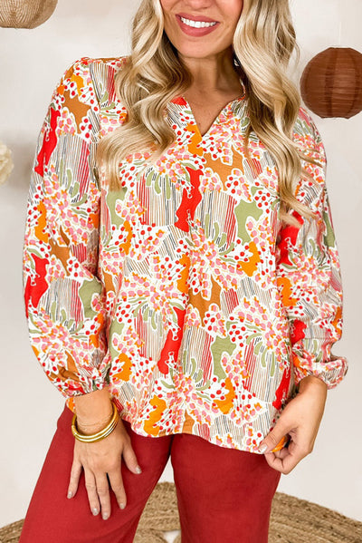 Orange Printed Floral Abstract Print Frilled V Neck Plus Size Blouse-Plus Size-MomFashion