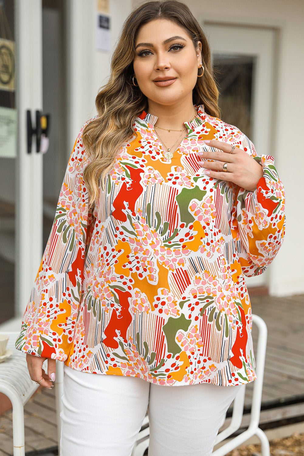 Orange Printed Floral Abstract Print Frilled V Neck Plus Size Blouse-Plus Size-MomFashion