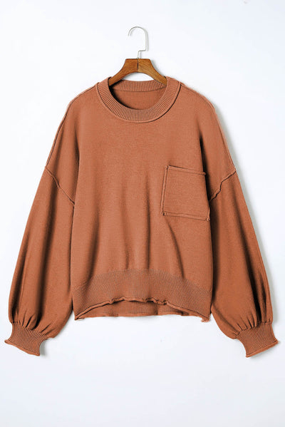 Orange Raw Edge Patch Pocket Exposed Seam Loose Sweater-Tops-MomFashion