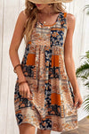 Orange Retro Floral Patchwork Print Sleeveless Mini Dress-Dresses-MomFashion