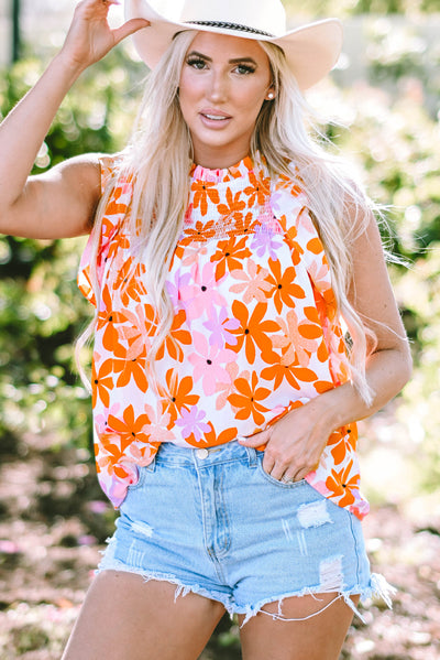 Orange Ruffled Sleeve Smocked Floral Top-Tops-MomFashion