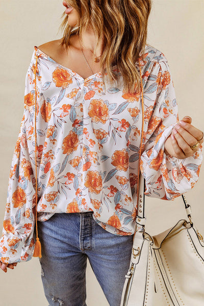 Orange Split V Neck Floral Print Dolman Blouse-Tops-MomFashion