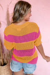 Orange Stripe Color Block Knitted T-shirt Sweater-Tops-MomFashion