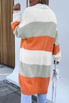 Orange Striped Color Block Drop Shoulder Midi Cardigan-Tops-MomFashion