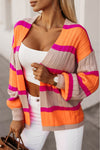 Orange Striped Colorblock Drop Shoulder Slouchy Cardigan-Tops-MomFashion