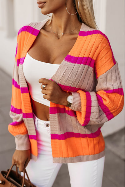 Orange Striped Colorblock Drop Shoulder Slouchy Cardigan-Tops-MomFashion