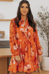 Orange Vintage Floral Print Drawstring Flowy Dress-Dresses-MomFashion