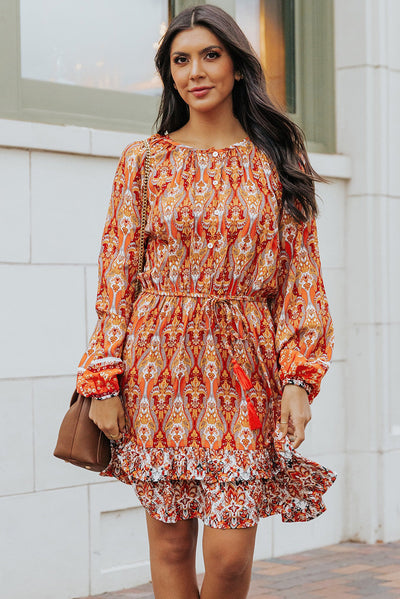 Orange Western Pattern Print Lantern Sleeve Drawstring Mini Dress-Dresses-MomFashion