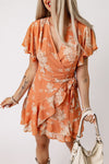 Orange Wrapped V Neck Flutter Sleeve Floral Dress with Ruffle-Dresses-MomFashion