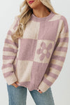 Orchid Petal Checkered Floral Print Striped Sleeve Sweater-Tops-MomFashion