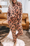 Pale Chestnut Leopard Long Sleeve Top and Drawstring Pants Set-Loungewear-MomFashion