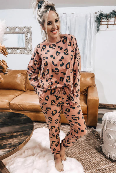 Pale Chestnut Leopard Long Sleeve Top and Drawstring Pants Set-Loungewear-MomFashion