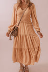 Pale Chestnut Smocked V Neck Long Sleeve Ruffle Dress-Dresses-MomFashion