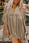 Pale Khaki 3/4 Sleeve Tunic Babydoll Velvet Shirt-Tops-MomFashion