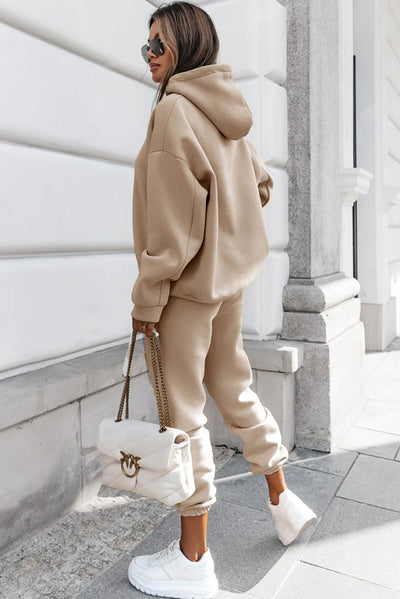 Pale Khaki Chunky Two-piece Hooded Sweatsuit-Loungewear-MomFashion