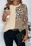 Pale Khaki Leopard Colorblock Waffle Knit Top-Tops-MomFashion