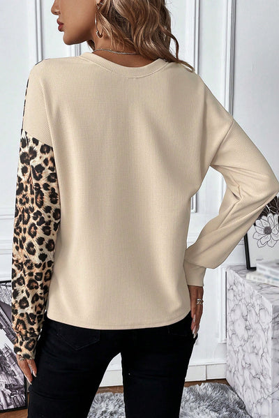 Pale Khaki Leopard Colorblock Waffle Knit Top-Tops-MomFashion