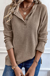 Pale Khaki Rib Textured Henley Knit Top-Tops-MomFashion