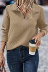Pale Khaki Solid Half Zipper Quilted Pullover Sweatshirt-Tops-MomFashion