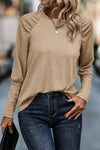 Pale Khaki Solid Ruched Raglan Sleeve Knit Top-Tops-MomFashion