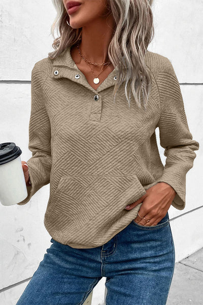 Pale Khaki Textured Knit Buttoned Kangaroo Pocket Sweatshirt-Tops-MomFashion