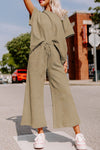 Pale Khaki Textured Loose Fit T Shirt and Drawstring Pants Set-Loungewear-MomFashion