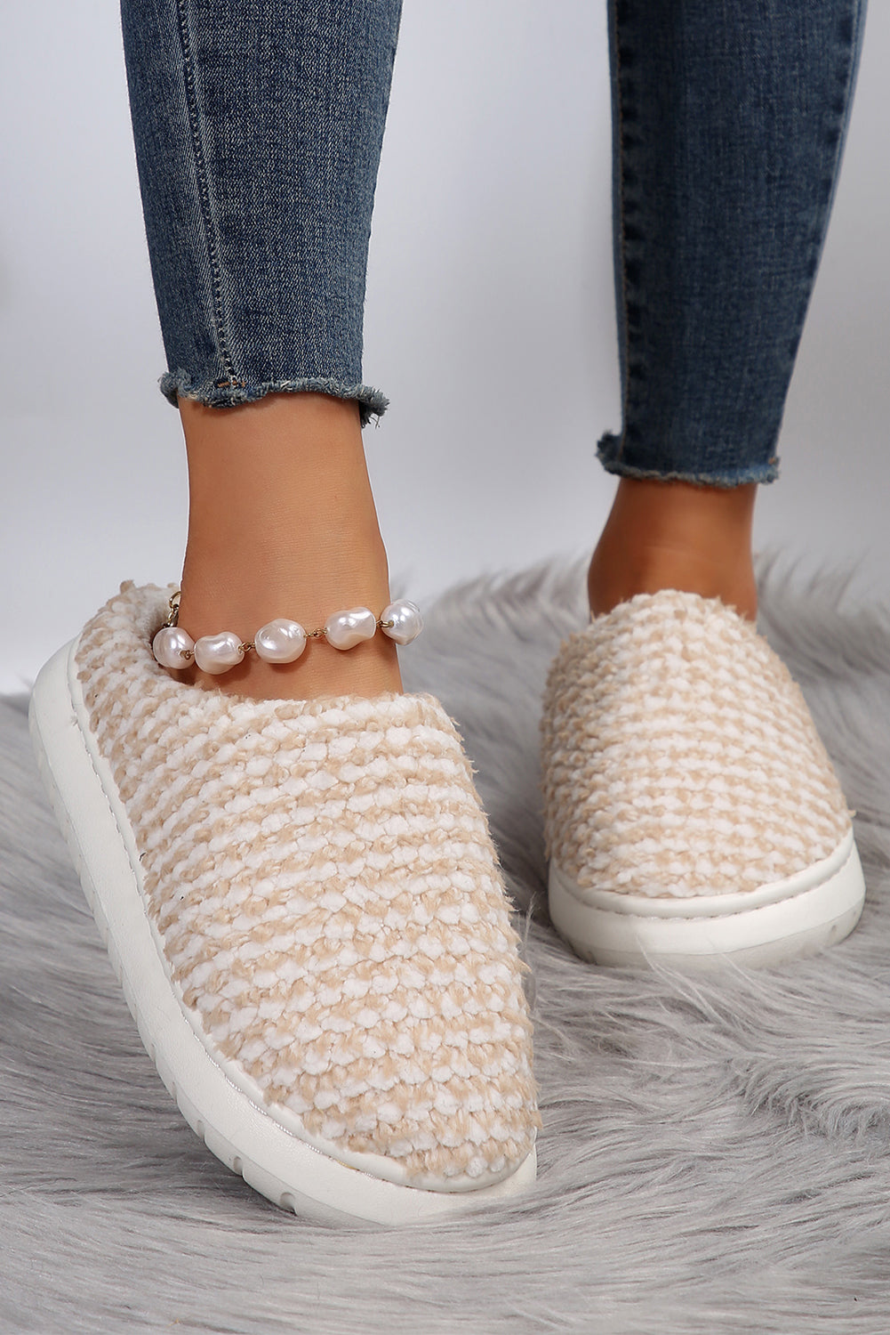 Pale Khaki Two-tone Knitted Warm Homewear Slippers-Shoes & Bags-MomFashion