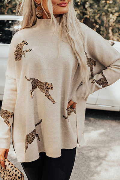 Parchment Lively Cheetah Print High Neck Split Hem Sweater-Tops-MomFashion