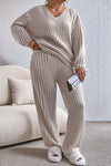 Parchment Plus Size Ribbed V Neck Pullover and Pants Set-Plus Size-MomFashion
